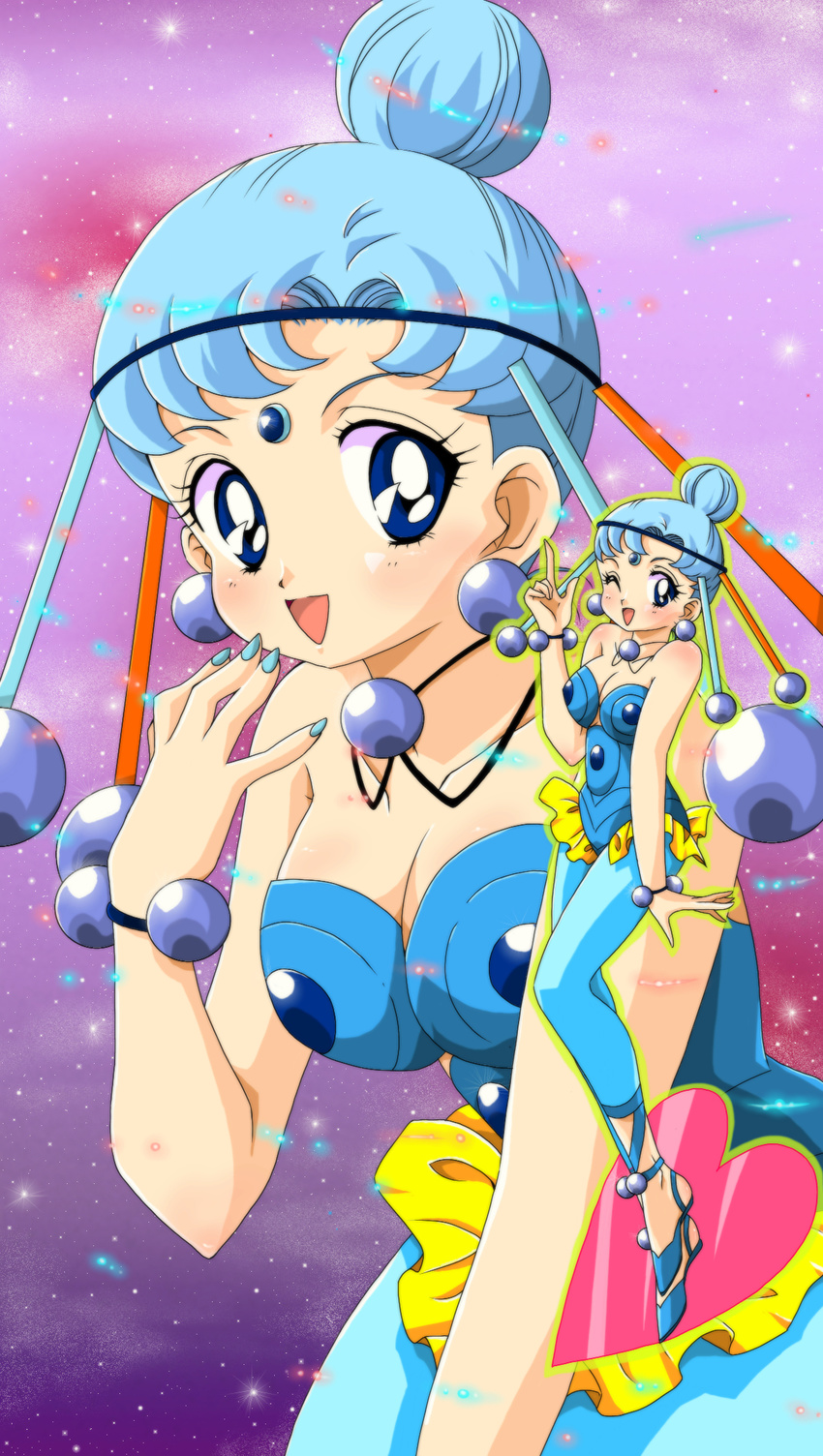 amazons_quartet bishoujo_senshi_sailor_moon blue_eyes blue_hair blue_legwear blue_leotard bracelet breasts cleavage dual_persona hair_bun heart highres jewelry leotard light_blue_hair medium_breasts mikiky necklace pallapalla_(sailor_moon) purple_background sandals short_hair smile sparkle