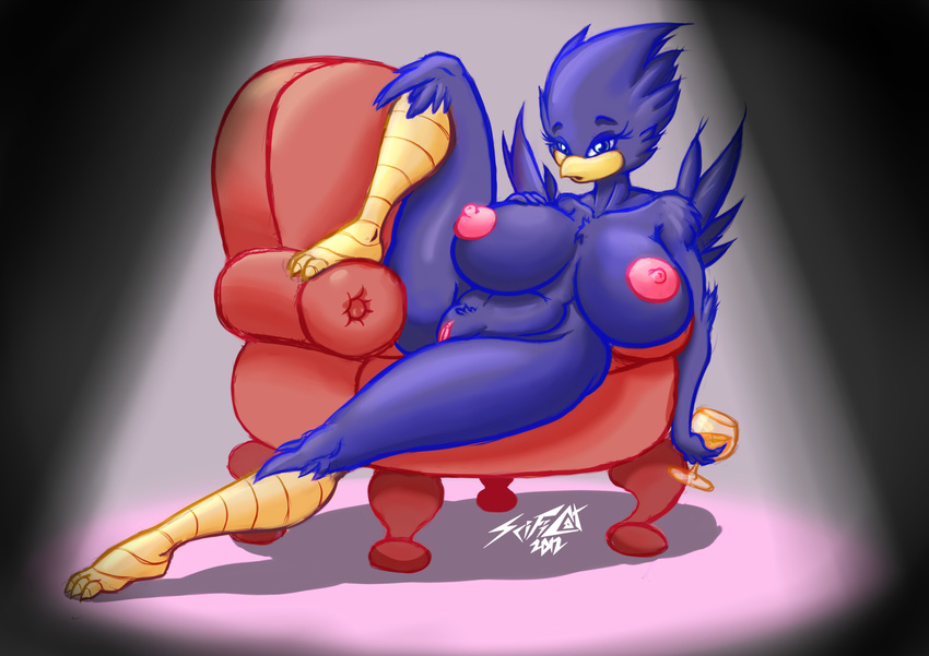 anthro areola avian beak big_breasts bird blue_eyes blue_fur blue_hair breasts busty_bird chair female fur glass hair hindpaw huge_breasts looking_at_viewer nipples nude paws pose pussy scificat short_hair sitting solo thighs voluptuous wide_hips