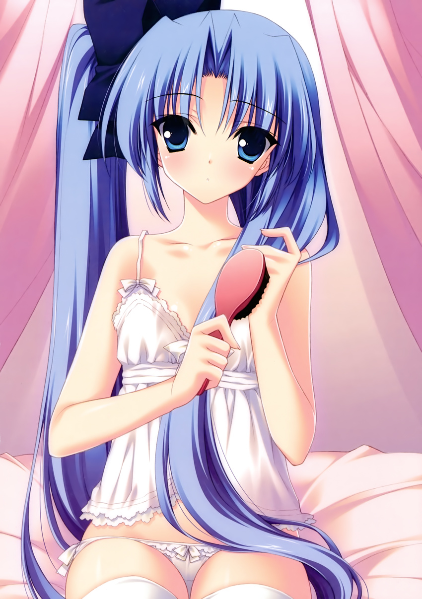 absurdres blue_eyes blue_hair bow bow_panties brush chemise hair_brushing hair_half_undone highres long_hair panties r_g_b shiki_ai side-tie_panties sitting suzuhira_hiro underwear very_long_hair white_panties