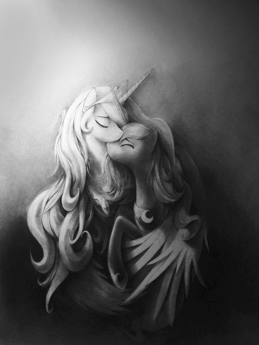crown equine eyes_closed female feral friendship_is_magic greyscale hair horn horse long_hair mammal monochrome murphylaw4me my_little_pony pony princess princess_celestia_(mlp) princess_luna_(mlp) royalty sibling sisters traditional_media winged_unicorn wings