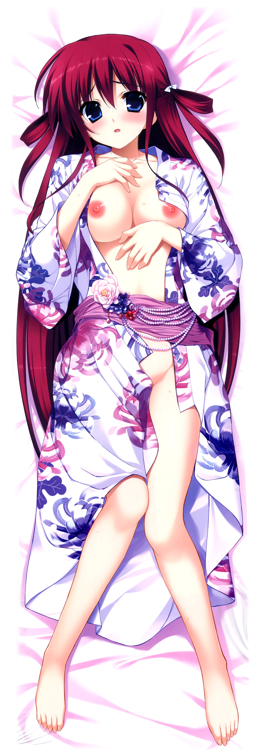 absurdres barefoot blue_eyes breasts d: dakimakura full_body fumio_(ura_fmo) grisaia_(series) grisaia_no_kajitsu highres huge_filesize japanese_clothes kimono large_breasts legs long_hair long_legs lying nipples no_bra no_panties on_back open_clothes open_kimono open_mouth red_hair scan solo suou_amane