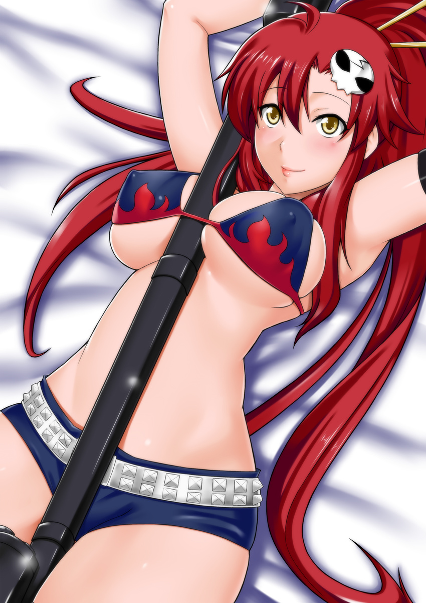 absurdres arms_up belt between_breasts bikini_top blush breasts covered_nipples gun highres large_breasts long_hair lying mizuse_kouichi nipples ponytail red_hair rifle short_shorts shorts smile sniper_rifle solo tengen_toppa_gurren_lagann weapon yellow_eyes yoko_littner