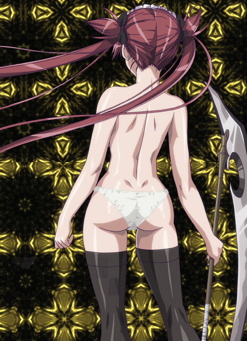1girl airi airi_(queen's_blade) ass back highres long_hair panties queen's_blade queen's_blade red_hair scythe solo standing stockings thighhighs topless twintails underwear weapon