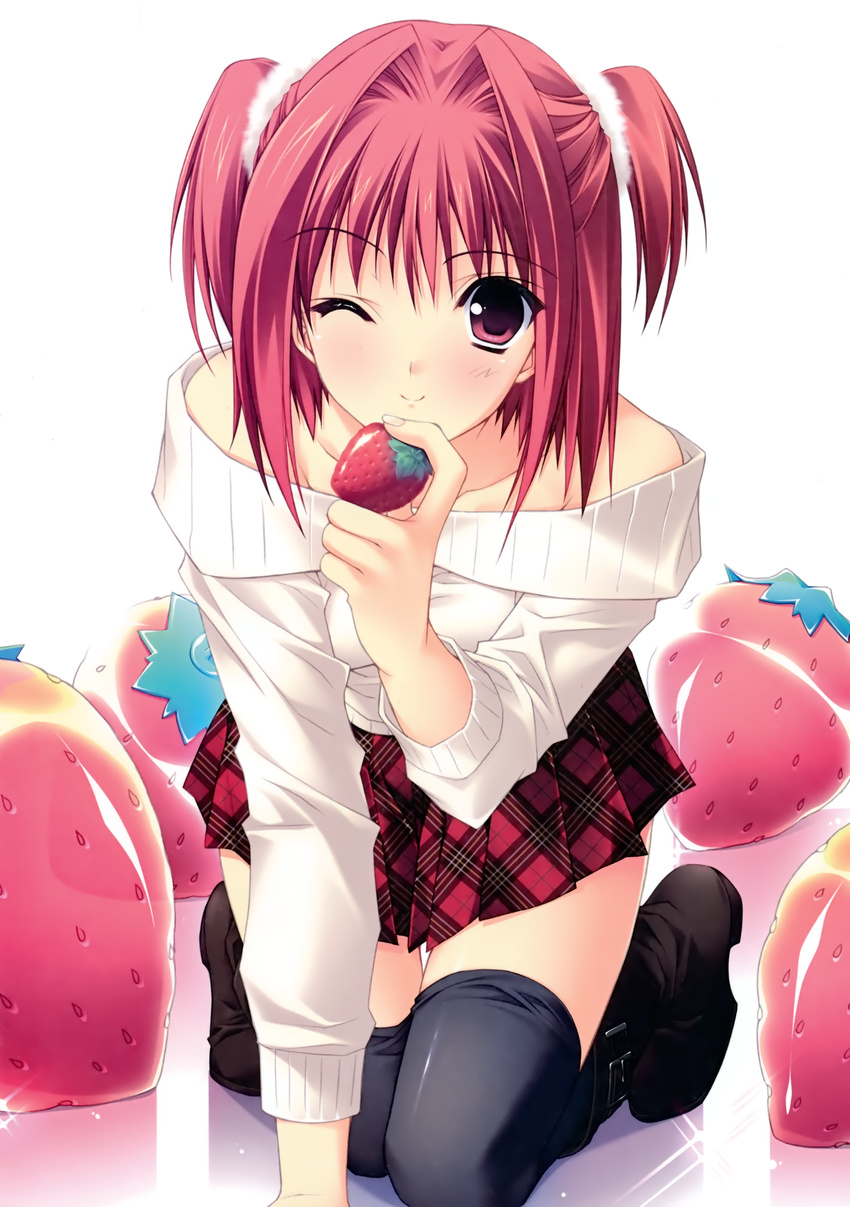 ;) absurdres food fruit highres holding holding_food holding_fruit kneeling one_eye_closed plaid plaid_skirt r_g_b red_eyes red_hair shiki_asahi skirt smile solo strawberry suzuhira_hiro thighhighs