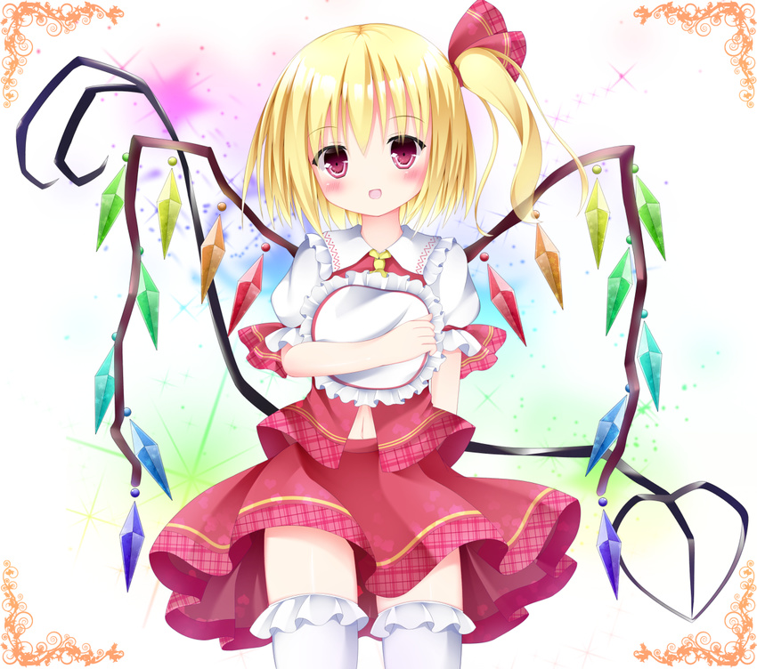 bad_id bad_pixiv_id blonde_hair blush flandre_scarlet hat hat_removed headwear_removed maccha navel open_mouth purple_eyes side_ponytail skirt skirt_set smile solo thighhighs touhou white_legwear wings
