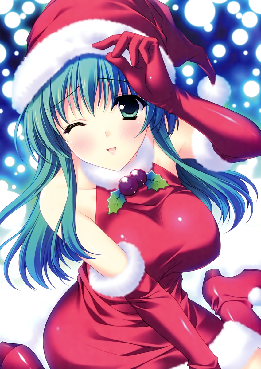 ;d absurdres breasts elbow_gloves gloves green_eyes green_hair hat highres large_breasts one_eye_closed open_mouth r_g_b santa_costume santa_hat shiki_midori sitting smile snowing suzuhira_hiro wariza