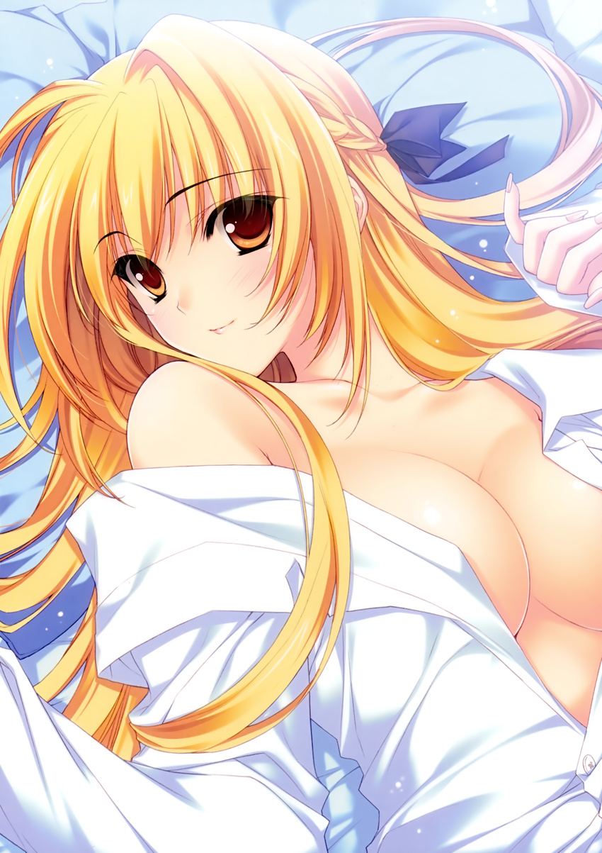 absurdres bed_sheet blonde_hair blush breasts character_request cleavage closed_mouth dress_shirt eyebrows eyebrows_visible_through_hair from_above highres looking_at_viewer lying medium_breasts naked_shirt no_bra on_back open_clothes open_shirt r_g_b shirt suzuhira_hiro yellow_eyes