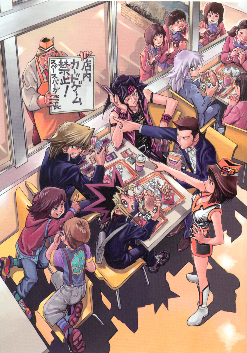 6+girls bakura_ryou dollar_sign domino_high_school_uniform food hamburger highres honda_hiroto jounouchi_katsuya mazaki_anzu multicolored_hair multiple_boys multiple_girls mutou_yuugi non-web_source otogi_ryuuji pointing restaurant school_uniform shoes spiked_hair suspenders takahashi_kazuki uniform window yuu-gi-ou yuu-gi-ou_duel_monsters