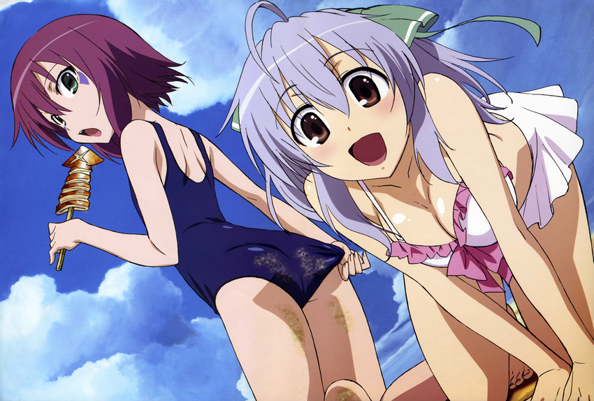 2girls :d absurdres adjusting_clothes adjusting_swimsuit ahoge beach bikini breasts brown_eyes cleavage cloud green_eyes highres incredibly_absurdres looking_back merry_nightmare multiple_girls nyantype official_art open_mouth purple_hair school_swimsuit silver_hair sky smile swimsuit tachibana_isana yumekui_merry