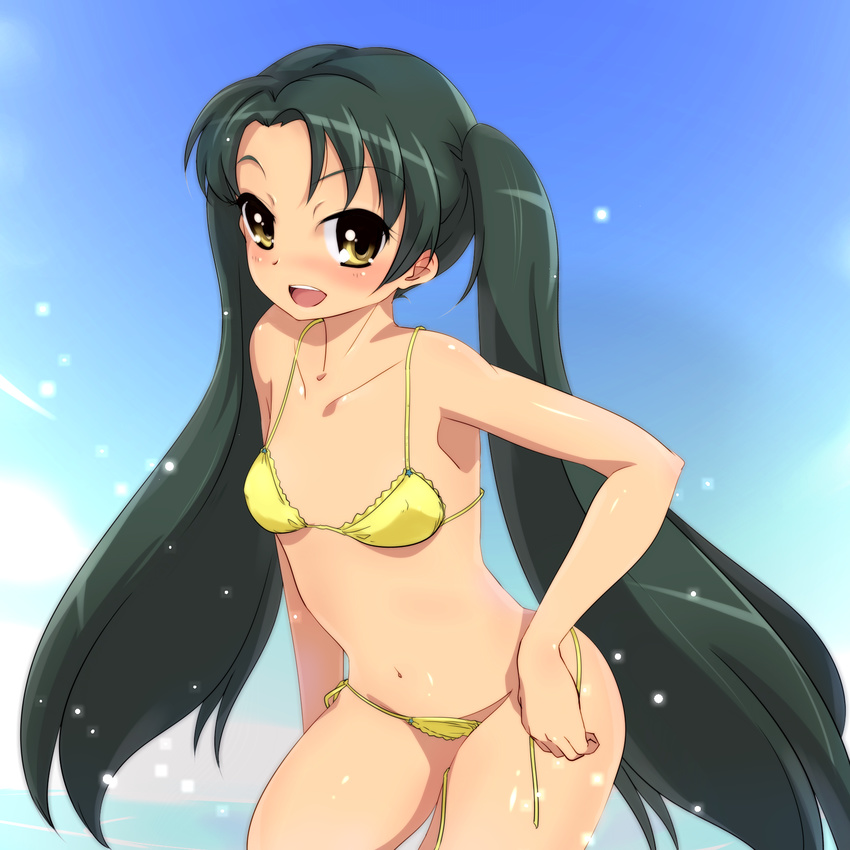 bikini brown_eyes green_hair haruhisky highres long_hair side-tie_bikini solo suzumiya_haruhi_no_yuuutsu swimsuit tsuruya twintails untied untying