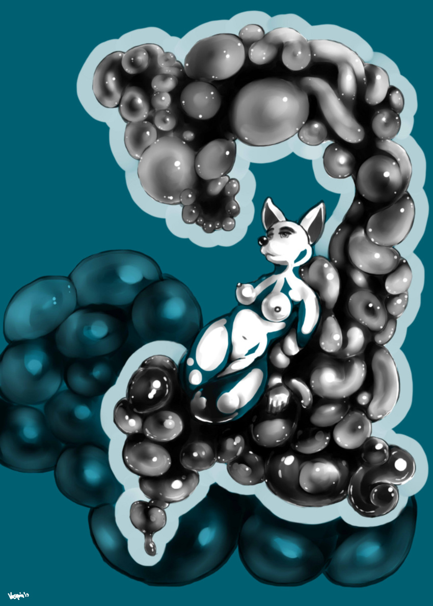 absorption abstract breasts canine female mammal monochrome nipples nude pointy_ears sad surreal teal_background teal_markings what what_has_science_done white_skin