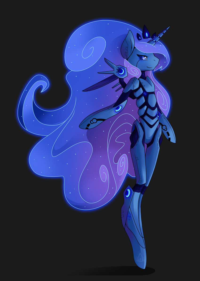 absurd_res android anthro anthrofied crown equine female friendship_is_magic grey_background hair hi_res horn horse long_hair machine mammal mechanical my_little_pony plain_background pony princess_luna_(mlp) robot royalty smile solo stickfigurequeen winged_unicorn wings