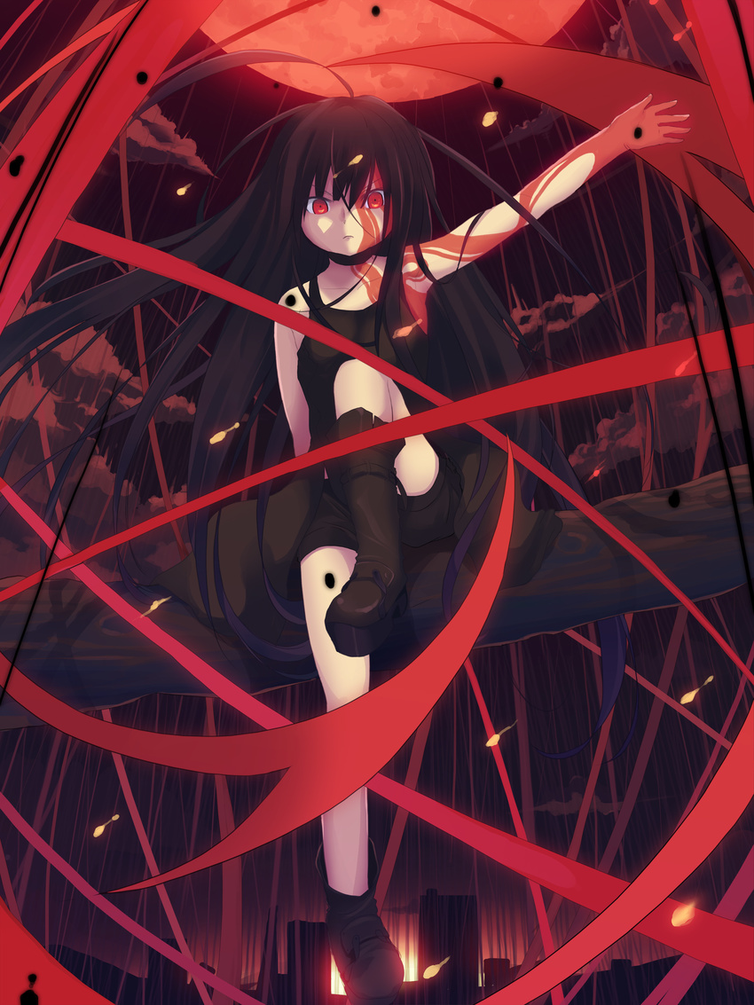 absurdres ahoge anyannko black_dress black_hair boots choker dress highres huge_ahoge in_tree knee_boots long_hair magic moon original outstretched_arm red_eyes red_moon sitting sitting_in_tree solo tree