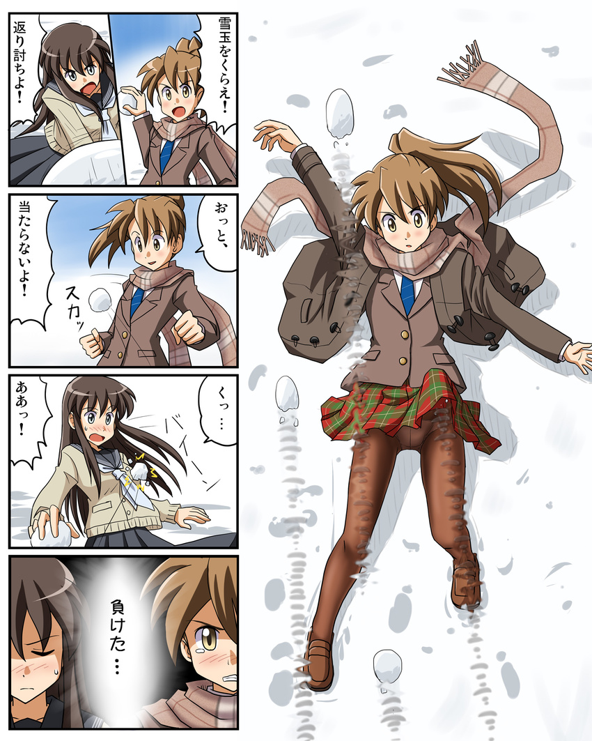 4koma black_hair blue_neckwear breast_conscious brown_eyes brown_hair bullet_time comic crotch_seam dodging fringe_trim green_eyes highres lielos long_hair multiple_girls necktie original panties panties_under_pantyhose pantyhose poniko_(lielos) ponytail scarf school_uniform sera_haruna snow snowball snowball_fight the_matrix translated underwear