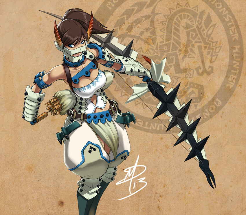 armlet armor arrow barioth_(armor) belt blue_eyes bow_(weapon) breasts brown_hair cleavage corset daniel_macgregor dark_skin huge_weapon knee_pads large_breasts loincloth long_hair mask monster_hunter monster_hunter_3 monster_hunter_portable_3rd pauldrons ponytail puffy_pants quiver signature solo spikes vambraces weapon