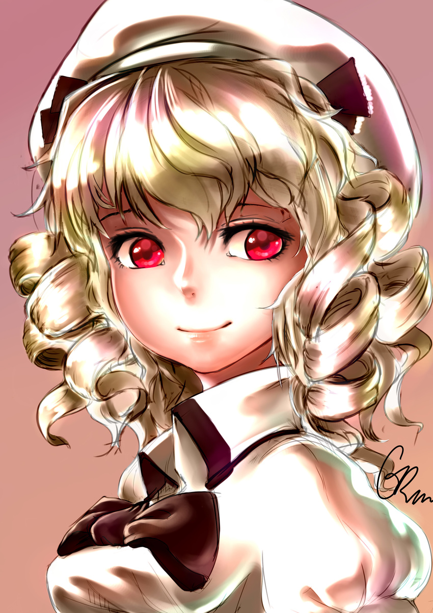 absurdres bad_id bad_pixiv_id blonde_hair close-up closed_mouth drill_hair gagrim hat highres lips luna_child portrait red_eyes revision short_hair signature simple_background smile solo touhou upper_body