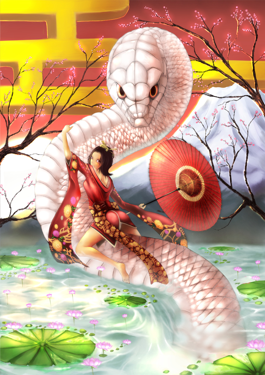 bad_id bad_pixiv_id banned_artist bare_legs barefoot black_hair cherry_blossoms flower giant_snake hair_ornament hatsuyume highres japanese_clothes kimono lily_pad looking_back lotus mishaguji monster mount_fuji mountain new_year oriental_umbrella original short_hair short_kimono snake straddling umbrella water white_snake yazuwo