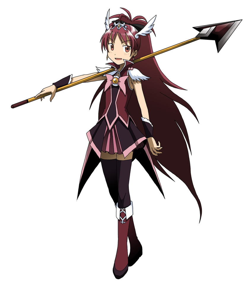 adapted_costume alternate_costume black_legwear boots cosplay full_body hair_ribbon highres kakkii long_hair long_ponytail magical_girl mahou_shoujo_madoka_magica open_mouth parody polearm ponytail precure red_eyes red_hair ribbon sakura_kyouko simple_background skirt smile_precure! spear standing thighhighs tiara very_long_hair weapon white_background