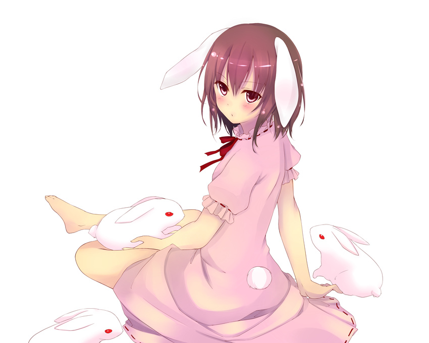 absurdres alice_(nh2) animal_ears barefoot brown_hair bunny bunny_ears colorized dress grass highres inaba_tewi pink_dress red_eyes short_hair simple_background sitting solo tail touhou white_background