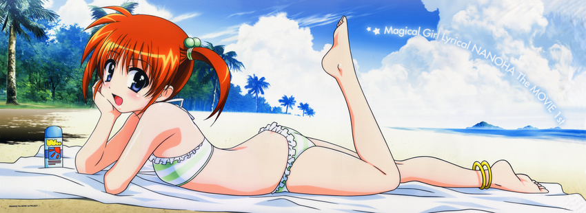absurdres anklet arm_support barefoot beach bikini blue_eyes brown_hair cloud copyright_name day eyebrows eyebrows_visible_through_hair frilled_bikini frills from_side hair_bobbles hair_ornament highres huge_filesize jewelry looking_at_viewer lying lyrical_nanoha mahou_shoujo_lyrical_nanoha mahou_shoujo_lyrical_nanoha_the_movie_1st okuda_yasuhiro on_stomach open_mouth outdoors palm_tree shadow short_hair short_twintails solo striped striped_bikini swimsuit takamachi_nanoha the_pose tree twintails