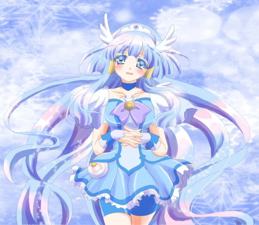 aoki_reika bike_shorts blue blue_eyes blue_hair blue_skirt breasts choker cure_beauty dress hair_tubes head_wings long_hair magical_girl medium_breasts open_mouth precure rein_rise ribbon shorts shorts_under_skirt skirt smile smile_precure! snow solo tiara wrist_cuffs