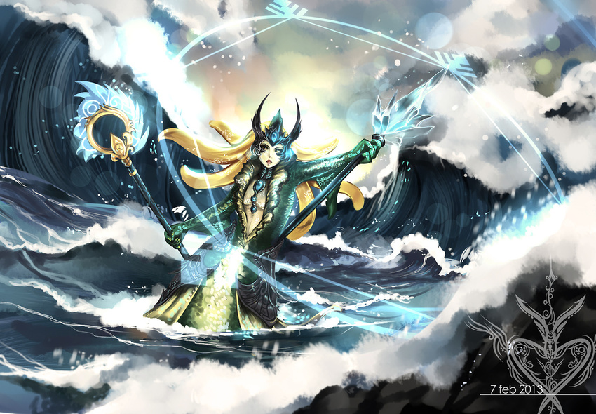 1girl black_sclera blonde_hair center_opening dated dual_wielding forehead_jewel hannah_santos helmet highres horned_helmet league_of_legends lens_flare long_hair magic_circle mermaid monster_girl nami_(league_of_legends) ocean pale_skin scales solo staff waves yellow_eyes