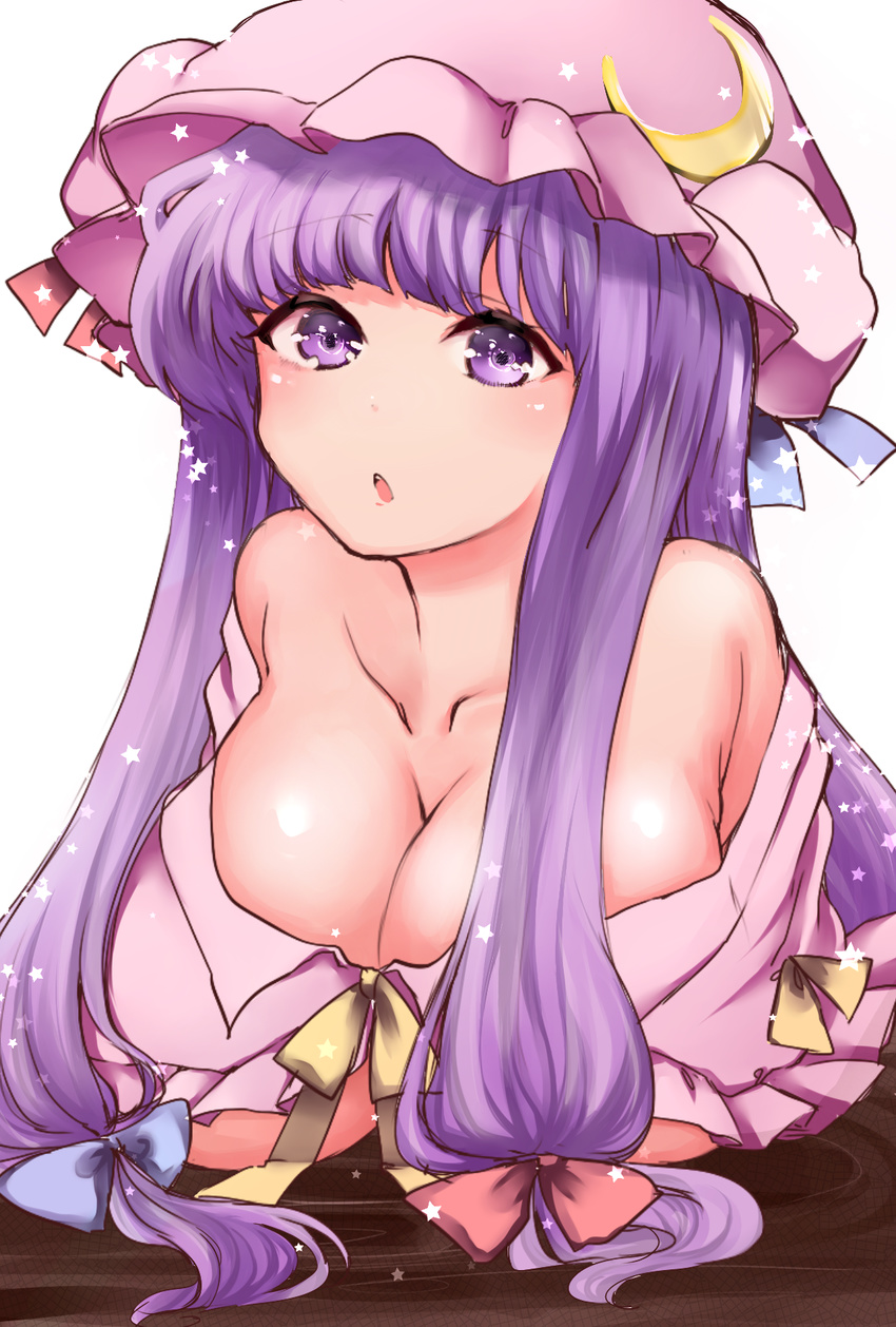 :o bare_shoulders breasts cleavage crescent hat highres large_breasts long_hair off_shoulder patchouli_knowledge purple_eyes purple_hair shibata solo touhou upper_body