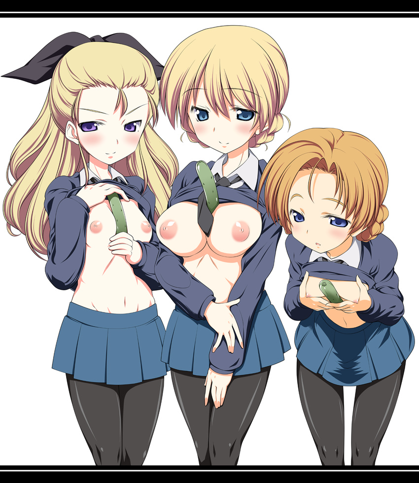 assam black_neckwear blonde_hair blue_eyes blue_skirt blue_sweater braid breasts cucumber darjeeling dress_shirt girls_und_panzer hair_pulled_back hair_ribbon highres kaneda_mitsuko long_hair miniskirt multiple_girls necktie nipples orange_pekoe pantyhose pleated_skirt ribbon school_uniform shirt short_hair skirt small_breasts st._gloriana's_school_uniform sweater v-neck white_shirt