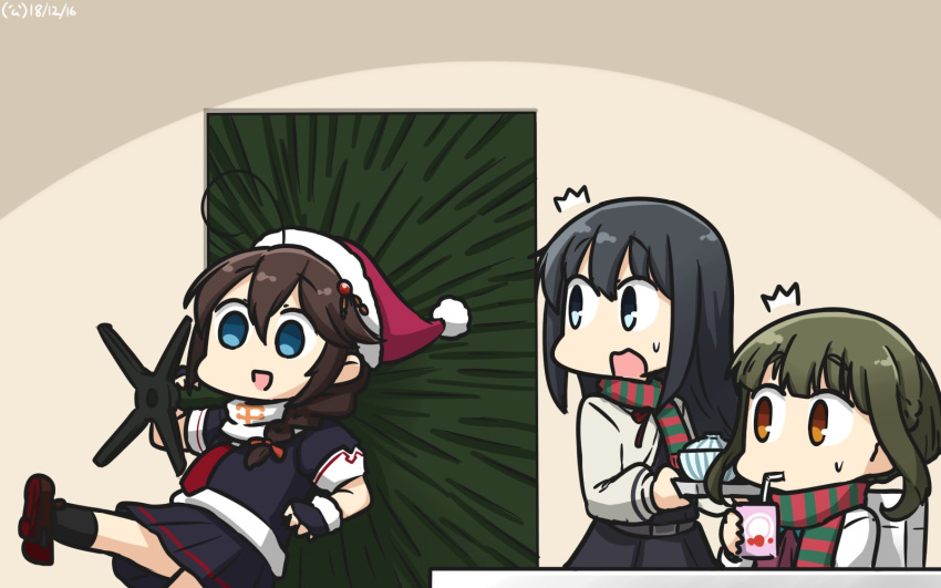 /\/\/\ 3girls ahoge asashio_(kantai_collection) black_hair black_serafuku black_skirt blue_eyes bob_cut bowl braid brown_eyes christmas_tree commentary_request dated dress fingerless_gloves gloves green_hair hair_flaps hair_over_shoulder hamu_koutarou hat highres juice_box kantai_collection long_hair long_sleeves multiple_girls neckerchief pinafore_dress pleated_skirt red_neckwear remodel_(kantai_collection) santa_hat scarf school_uniform serafuku shigure_(kantai_collection) shirt short_hair sidelocks single_braid skirt striped striped_scarf takanami_(kantai_collection) white_shirt