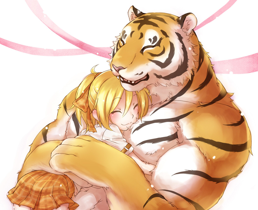 1girl :3 blonde_hair closed_eyes furry hair_ribbon hug lily_(teru_suzu) muscle original ponytail ribbon short_hair skirt smile teru_suzu tiger tiger-san