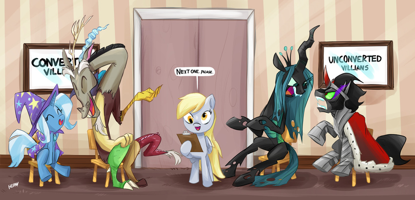 changeling clinic derp derpy_hooves_(mlp) dialog discord_(mlp) draconequus edyouassbaka english_text equine eyes_closed female feral friendship_is_magic happy hi_res horn king_sombra_(mlp) kong_sombra_(mlp) laugh male mammal my_little_pony open_mouth pegasus queen_chrysalis_(mlp) speech_bubbles tablet teeth text tongue trixie_(mlp) unicorn wings