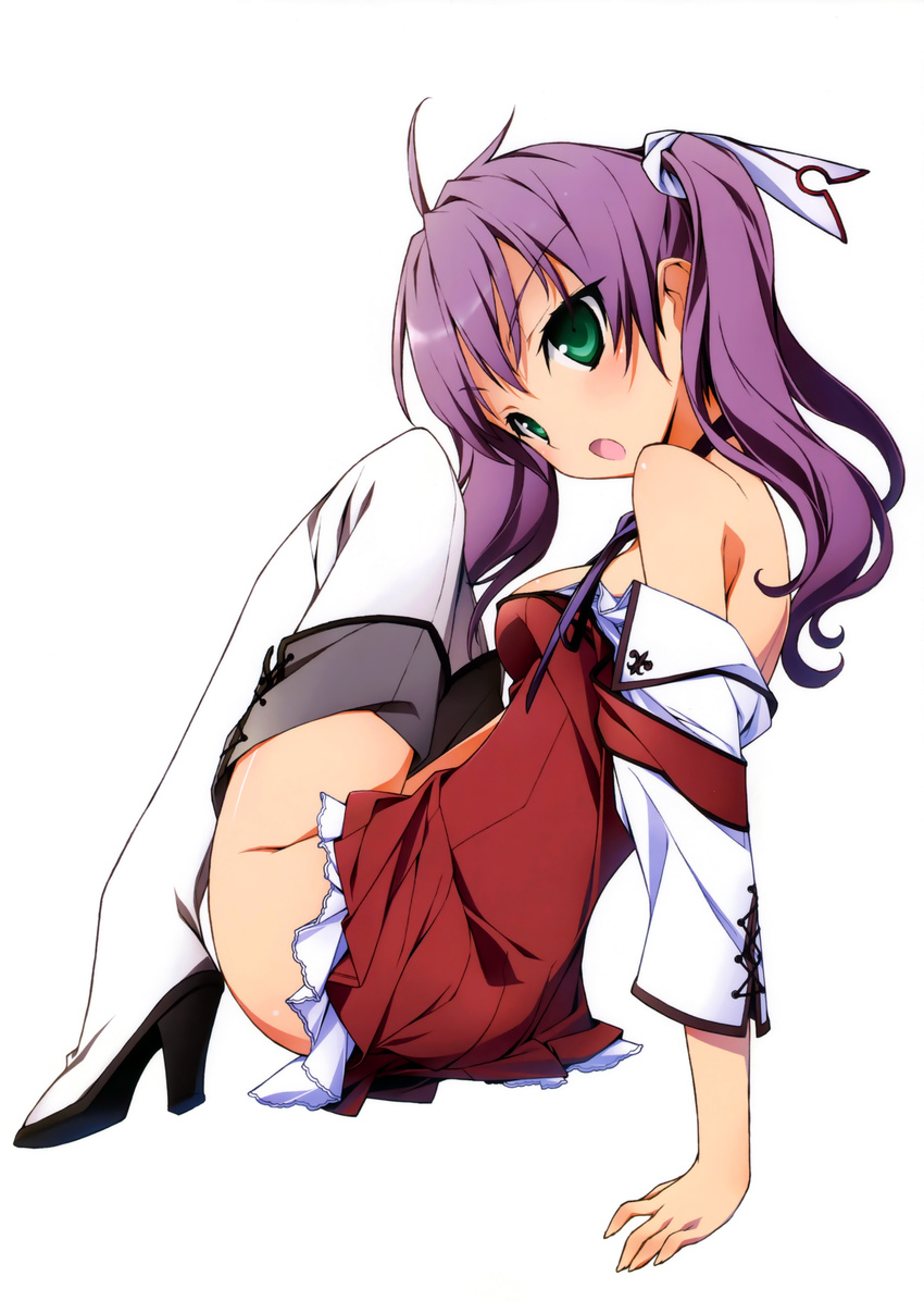 absurdres bare_shoulders boots breasts green_eyes high_heels highres huge_filesize kikuchi_seiji long_hair looking_back mayo_chiki! medium_breasts no_panties off_shoulder open_mouth purple_hair scan shoes sitting solo thigh_boots thighhighs twintails usami_masamune white_legwear