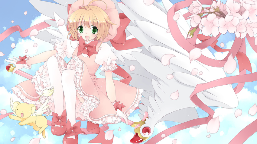 :d ahoge bird_wings bow cardcaptor_sakura cherry_blossoms dress flower frills fuuin_no_tsue glove_bow gloves green_eyes hat highres katase_aoko kero kinomoto_sakura looking_at_viewer open_mouth petals pink_dress pink_hat puffy_short_sleeves puffy_sleeves red_footwear shoe_bow shoes short_hair short_sleeves sitting sky smile thighhighs wand white_gloves white_legwear white_wings wings