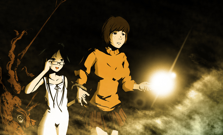 absurdres bespectacled black_hair borrowed_garments brown_hair crossover dress eyewear_switch flashlight freckles glasses highres holding_hands karooz long_hair multiple_girls orange_shirt pleated_skirt saya saya_no_uta scooby-doo shirt short_hair skirt sweater turtleneck velma_dace_dinkley white_dress