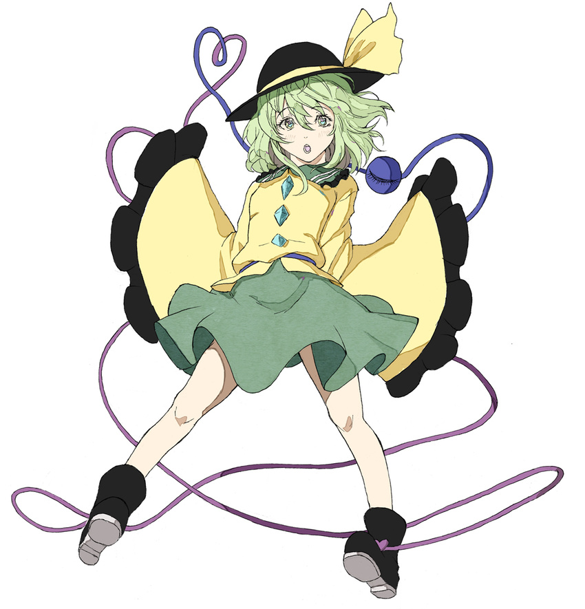 blush boots green_eyes green_hair hat hat_ribbon heart komeiji_koishi long_sleeves looking_at_viewer open_mouth ribbon sabiirodoramu short_hair skirt solo third_eye touhou