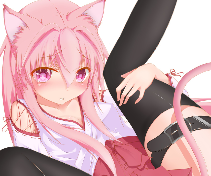 animal_ears bad_id bad_pixiv_id blush breasts cat_ears cleavage highres japanese_clothes leg_lift medium_breasts miko neguse2525 original out-of-frame_censoring pink_eyes pink_hair sitting skirt solo spread_legs tail thigh_strap thighhighs