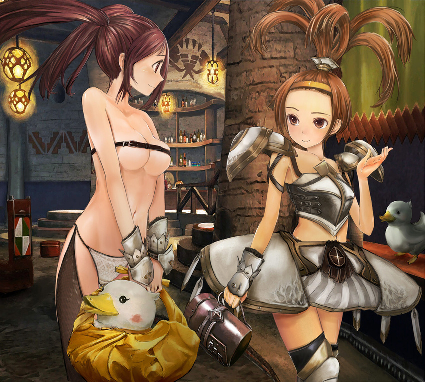 armor beltbra bird breasts brown_eyes brown_hair commentary_request duck gauntlets hairband highres medium_breasts monster_hunter monster_hunter_frontier multiple_girls navel pauldrons profile skirt smile topknot twintails zi-dabu