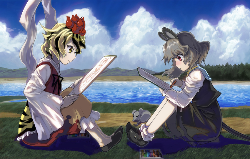 animal_ears animal_print blonde_hair blue_sky blush cloud day drawing drawing_equipment forest grey_hair hair_ornament highres long_sleeves mountain mouse mouse_ears mouse_tail multicolored_hair multiple_girls nature nazrin red_eyes river shawl shirt shope short_hair sitting skirt sky tail tiger_print toramaru_shou touhou two-tone_hair vest wide_sleeves yellow_eyes