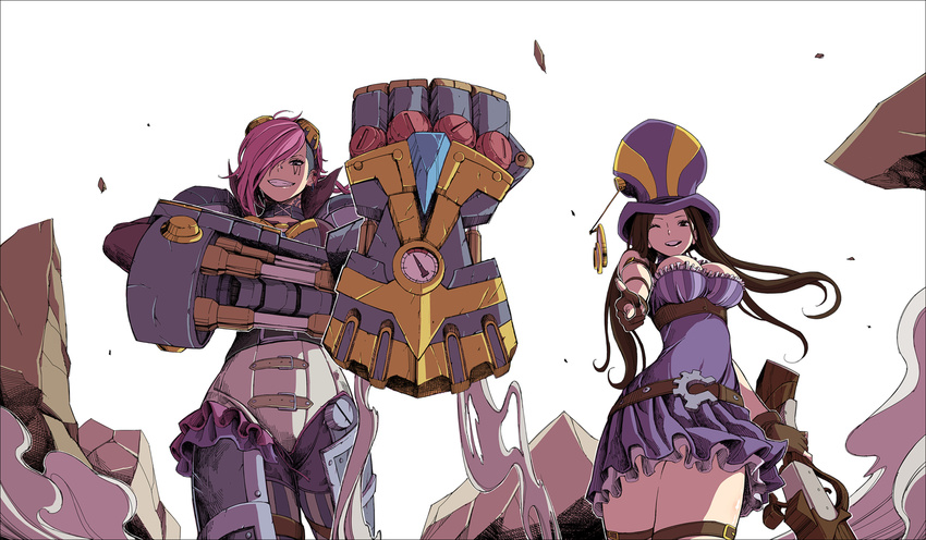 armor breasts brown_hair caitlyn_(league_of_legends) cleavage finger_gun gauntlets gloves goggles gun hair_over_one_eye hat highres ieung-isegae large_breasts league_of_legends long_hair multiple_girls non-web_source pink_hair short_hair vi_(league_of_legends) weapon
