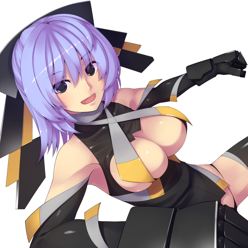 black_eyes black_gloves bodysuit breasts elbow_gloves gloves happy highres large_breasts lavender_hair open_mouth original purple_hair revision simple_background smile solo tro