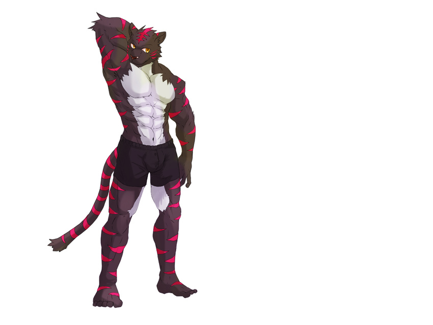 anthro arms_behind_head biceps black_fur body_markings boxers bulge clothed clothing feline fur hair half-dressed invalid_tag looking_at_viewer male mammal markings muscles pecs pink_fur plain_background pose shorts solo standing stripes topless underwear weapon white_background white_fur yellow_eyes