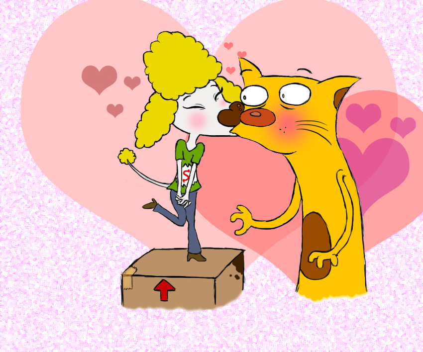 anthro canine cat catdog catdog_(series) clothed clothing dog duo feline female interspecies kissing male mammal petunia43 poodle straight