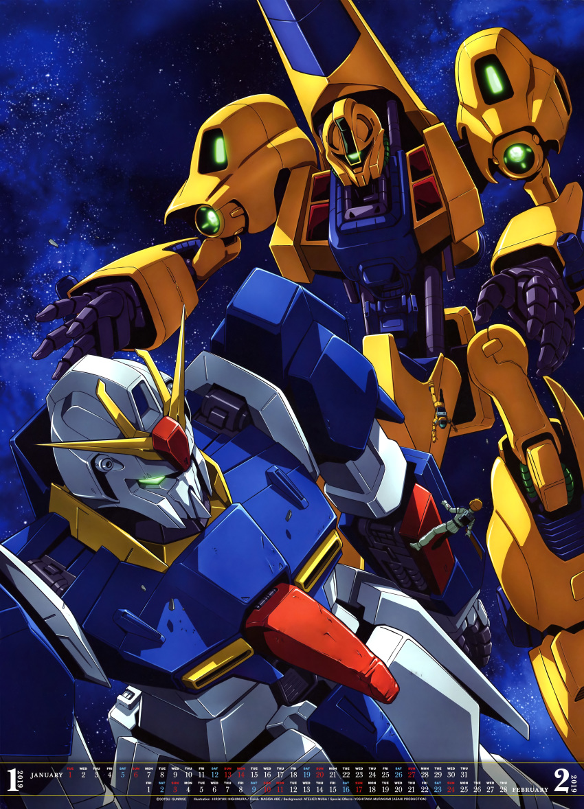 1boy 1girl absurdres fa_yuiry glowing glowing_eye glowing_eyes green_eyes gundam highres kamille_bidan mecha methuss official_art pilot_suit space star_(sky) zeta_gundam zeta_gundam_(mobile_suit)