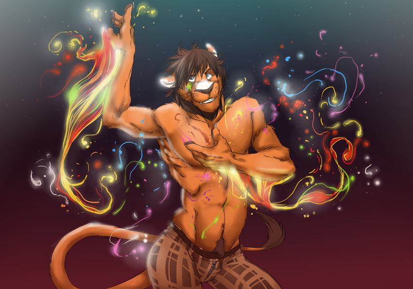 anthro arcticlion armpits beard biceps blue_eyes body_hair brown_fur brown_hair claws clenched_teeth clothed clothing colorful facial_hair feline fur grin hair half-dressed happy_trail lion magic male mammal muscles pants pecs pose pubes solo teeth topless treasure_trail white_claws