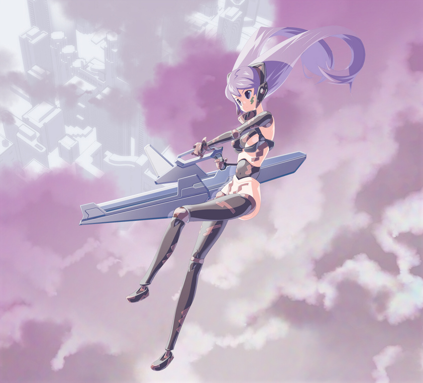 bad_id bad_pixiv_id cloud doll_joints gun huge_weapon long_hair mecha_musume midair original purple_hair revealing_clothes rifle solo tensugi_takashi thighhighs twintails weapon