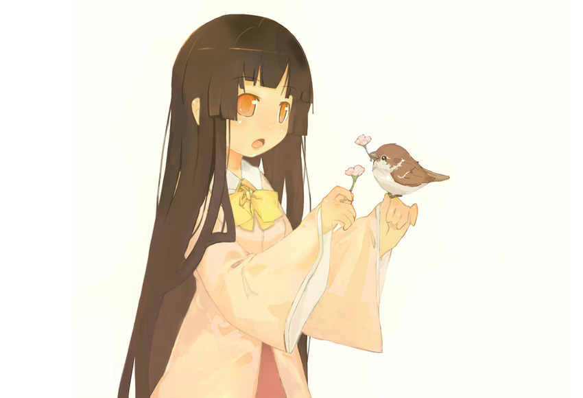 bird bird_on_hand flower houraisan_kaguya japanese_clothes long_hair open_mouth shirohanamame_taichou solo sparrow touhou very_long_hair