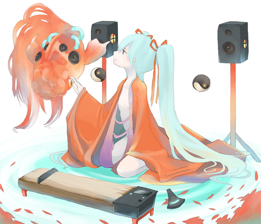 aqua_hair fish goldfish hatsune_miku instrument koto_(instrument) long_hair open_clothes sitting solo speaker tansuke twintails vocaloid