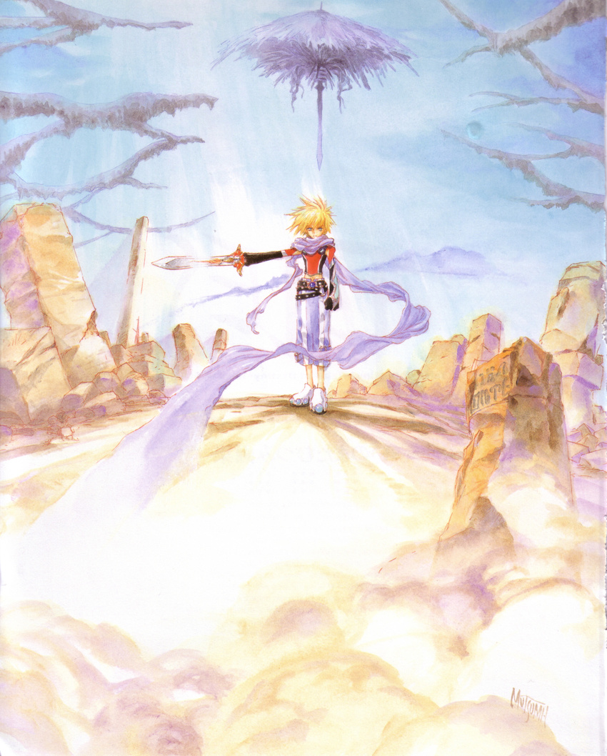 absurdres highres inomata_mutsumi kyle_dunamis male_focus official_art ruins scan solo sword tales_of_(series) tales_of_destiny_2 traditional_media watercolor_(medium) weapon