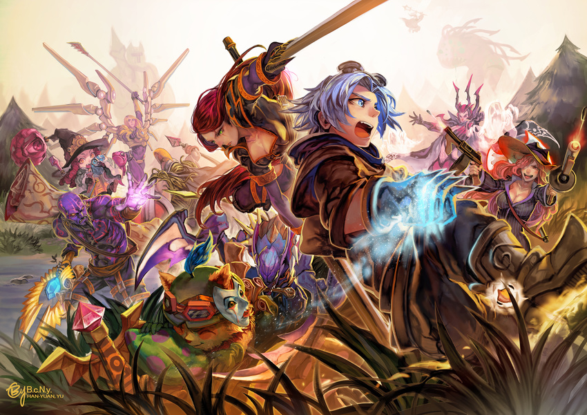 5girls absurdres armor artist_name b.c.n.y. baron_nashor beard blade blue_eyes blue_hair boots breasts cape cleavage elise_(league_of_legends) ezreal facial_hair ghost goggles goggles_on_head grass green_eyes gun hair_over_one_eye hat highres jax_(league_of_legends) katarina_du_couteau kayle kha'zix league_of_legends long_hair lulu_(league_of_legends) mafia_miss_fortune mask medium_breasts multiple_boys multiple_girls nocturne_(league_of_legends) open_mouth pantheon_(league_of_legends) polearm purple_skin red_hair ryze sarah_fortune scar scroll shield short_hair spear tattoo teemo weapon wings witch_hat yellow_eyes yordle