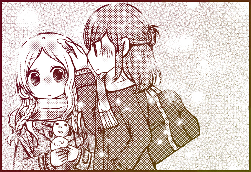 blush braid copyright_request hand_on_another's_head long_hair monochrome multiple_girls scarf snowman yamamoto_mamo